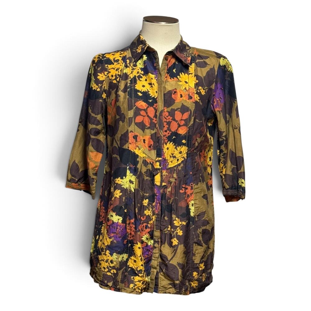 Coldwater Creek Cotton Silk 3/4 Sleeve Tunic Blouse Top Floral Green Brown Small